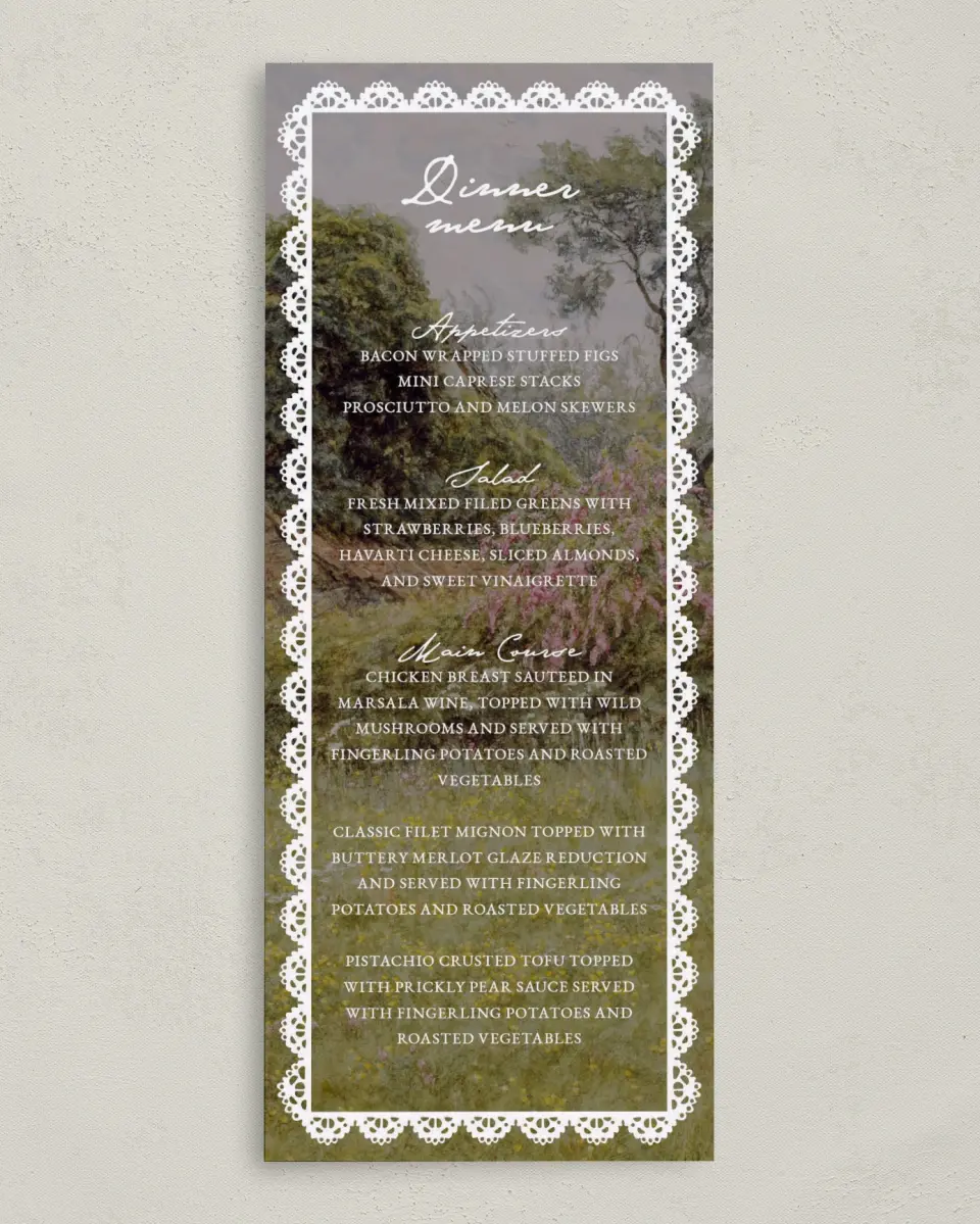 This is a 3⅝" x 8⅞" Wedding Menu Card called Verdant Romance printed in full color with Gold foil on Premium Smooth paper