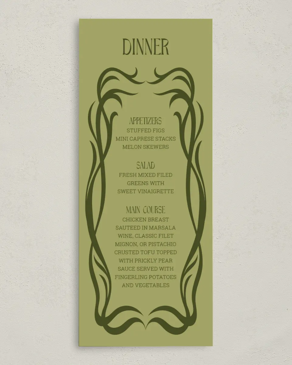 This is a 3⅝" x 8⅞" Wedding Menu Card called Nouveau Romance printed in full color with Silver foil on Luxe Satin (coated) paper