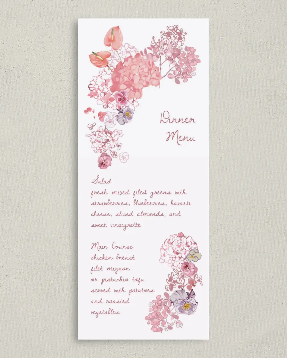 This is a 3⅝" x 8⅞" Wedding Menu Card called Blushing Whimsy printed in full color with Silver foil on Luxe Satin (coated) paper