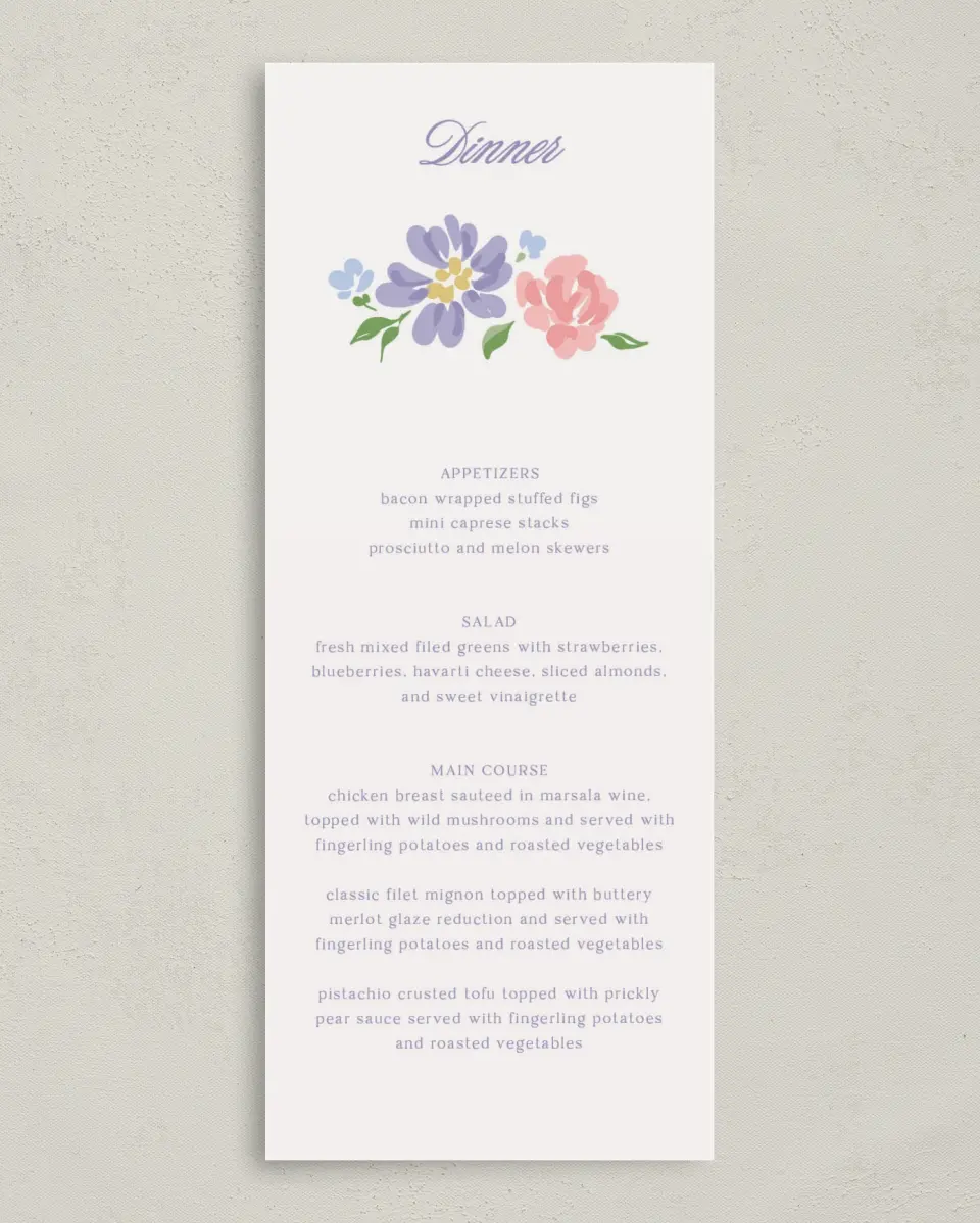 This is a 3⅝" x 8⅞" Wedding Menu Card called Gentle Garden printed in full color with Gold foil on Premium Smooth paper