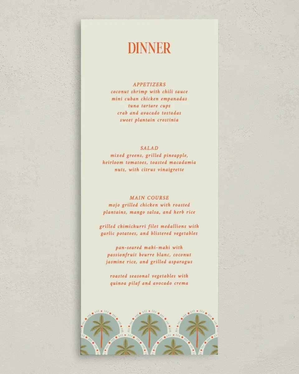 This is a 3⅝" x 8⅞" Wedding Menu Card called Tropical Treasure printed in full color with Silver foil on Luxe Satin (coated) paper