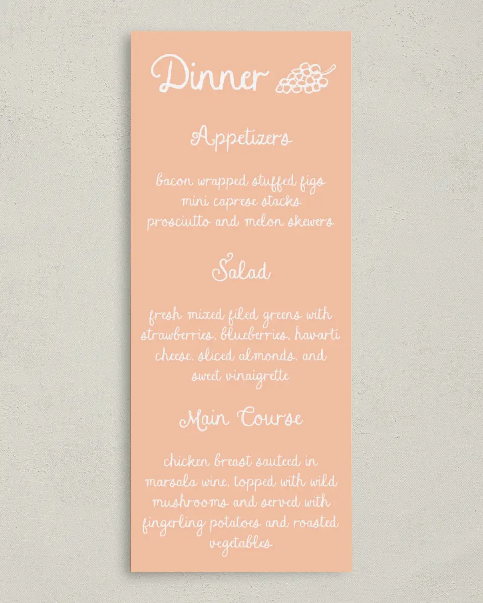 This is a 3⅝" x 8⅞" Wedding Menu Card called Wavy Love printed in full color with Gold foil on Premium Smooth paper