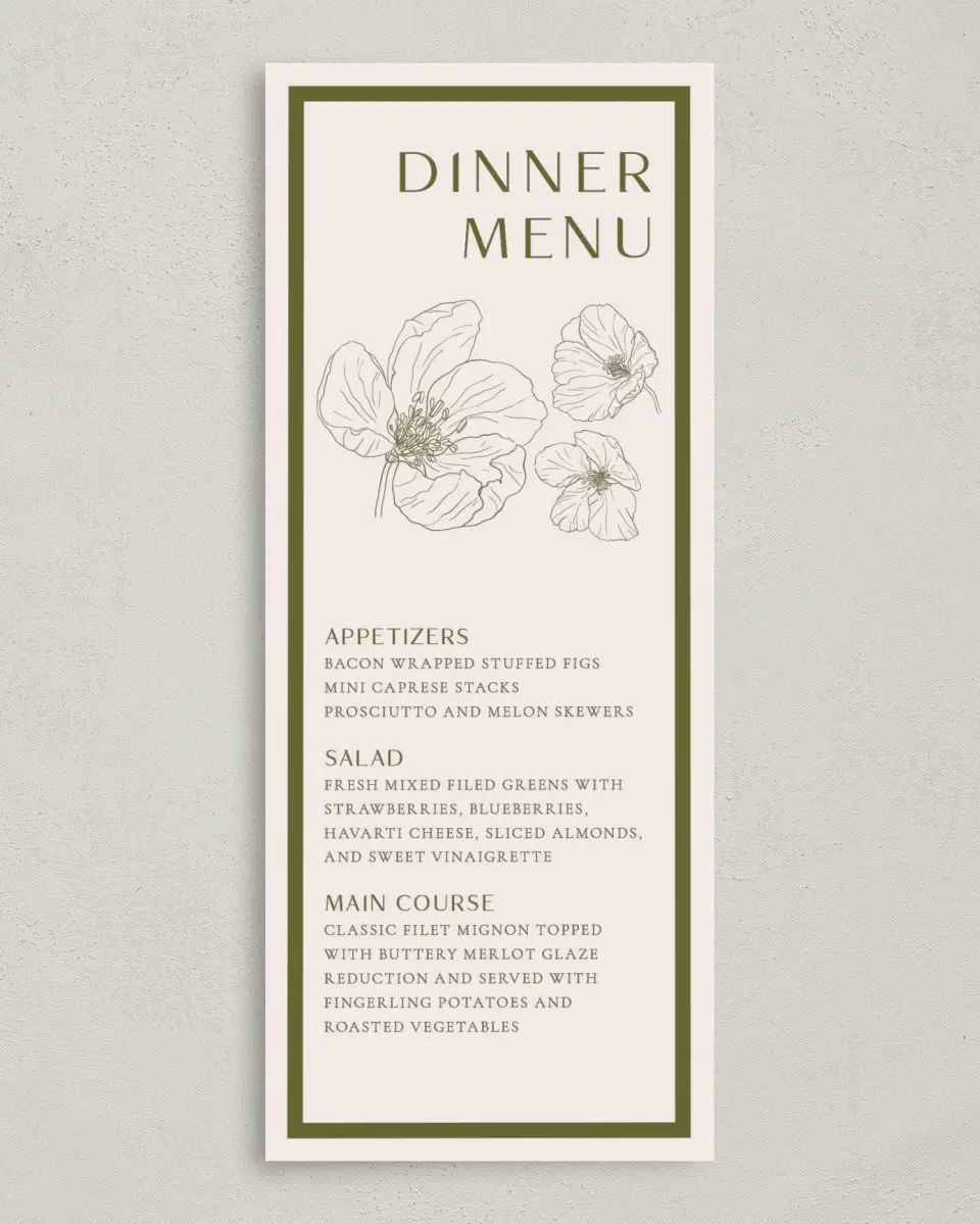 This is a 3⅝" x 8⅞" Wedding Menu Card called Delicate Love printed in full color with Silver foil on Luxe Satin (coated) paper