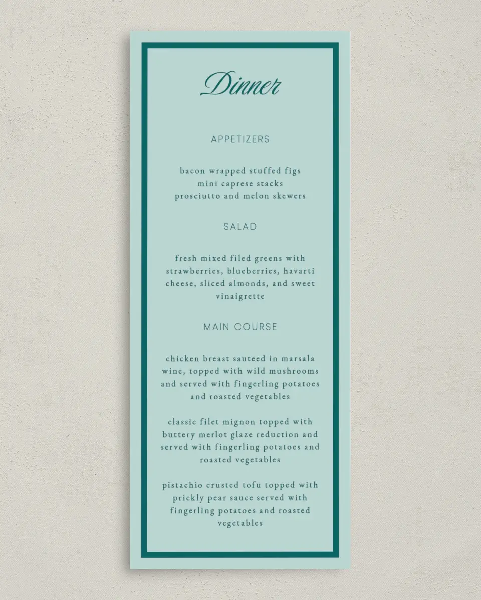 This is a 3⅝" x 8⅞" Wedding Menu Card called Faithful Frame printed in full color with Silver foil on Luxe Satin (coated) paper