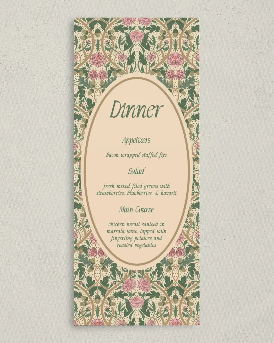 This is a 3⅝" x 8⅞" Wedding Menu Card called Regal Garden printed in full color with Gold foil on Premium Smooth paper