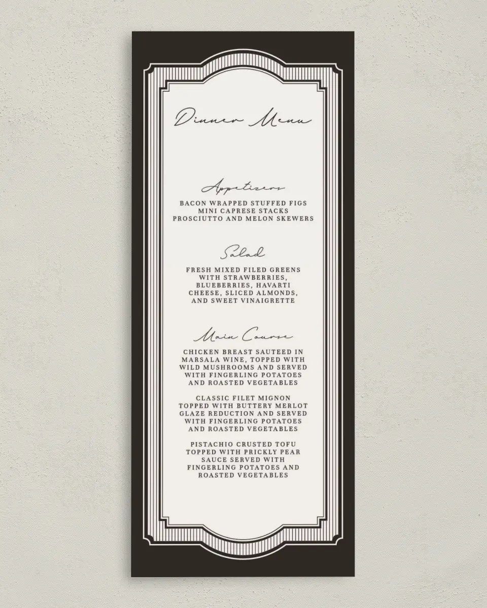 This is a 3⅝" x 8⅞" Wedding Menu Card called Opulent Endearment printed in full color with Gold foil on Premium Smooth paper