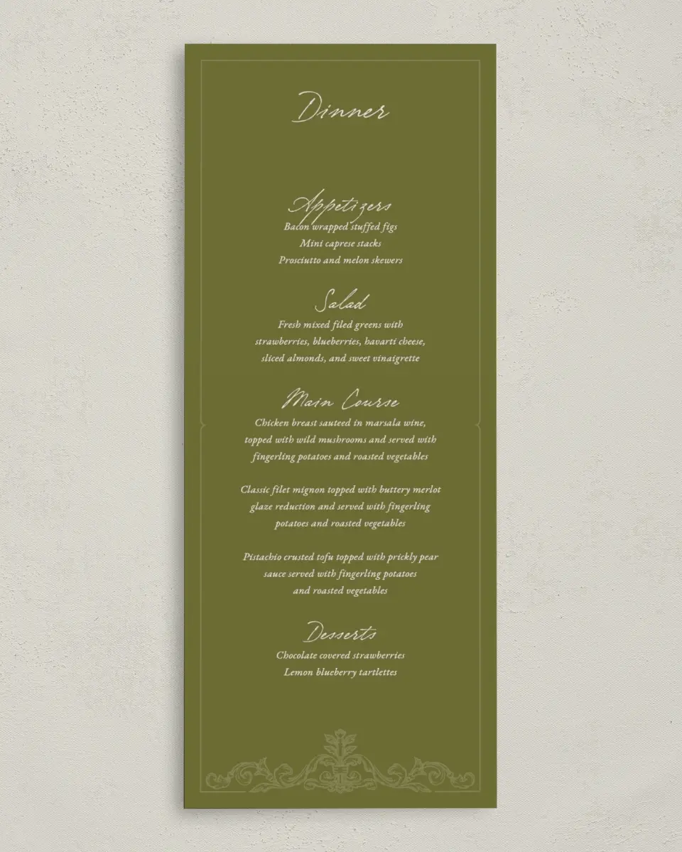 This is a 3⅝" x 8⅞" Wedding Menu Card called Victorian Aura printed in full color with Gold foil on Premium Smooth paper