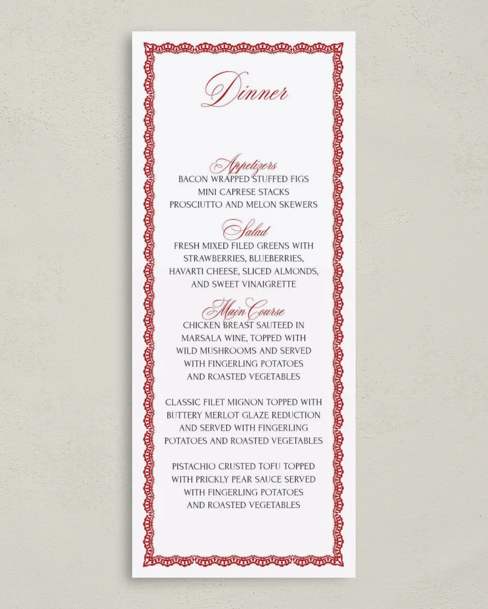 This is a 3⅝" x 8⅞" Wedding Menu Card called Elevated Vegas printed in full color with Gold foil on Premium Smooth paper