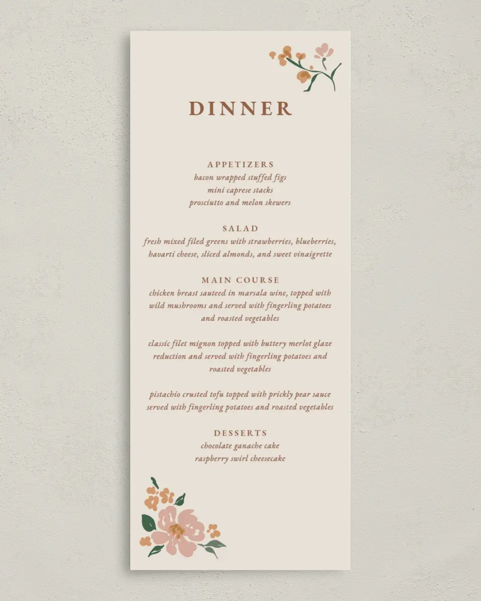 This is a 3⅝" x 8⅞" Wedding Menu Card called Plush Petals printed in full color with Silver foil on Luxe Satin (coated) paper