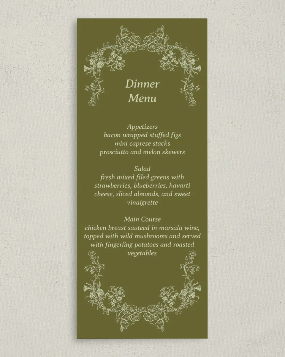 This is a 3⅝" x 8⅞" Wedding Menu Card called Vintage Chinoiserie printed in full color with Gold foil on Premium Smooth paper