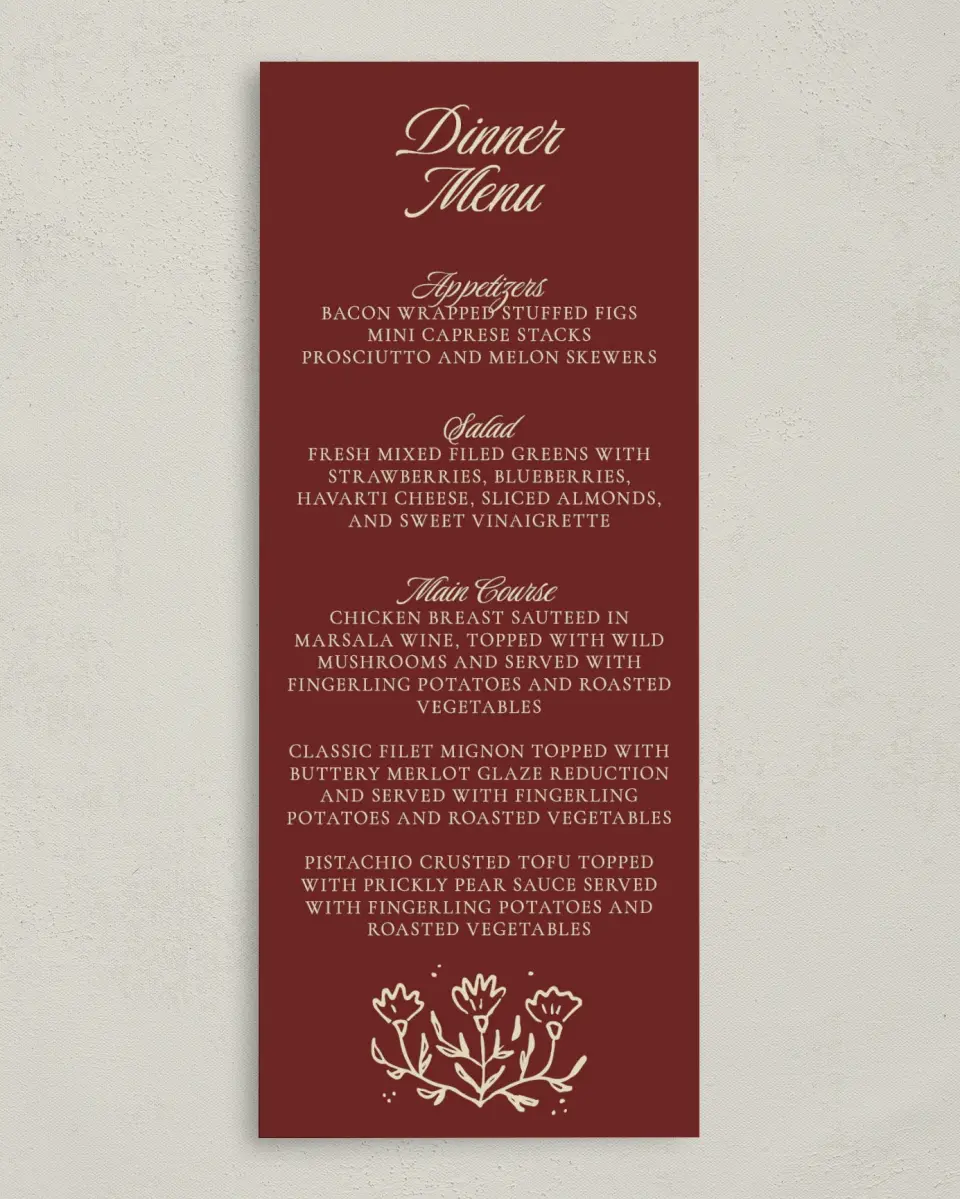 This is a 3⅝" x 8⅞" Wedding Menu Card called Bloom & Crest printed in full color with Gold foil on Premium Smooth paper