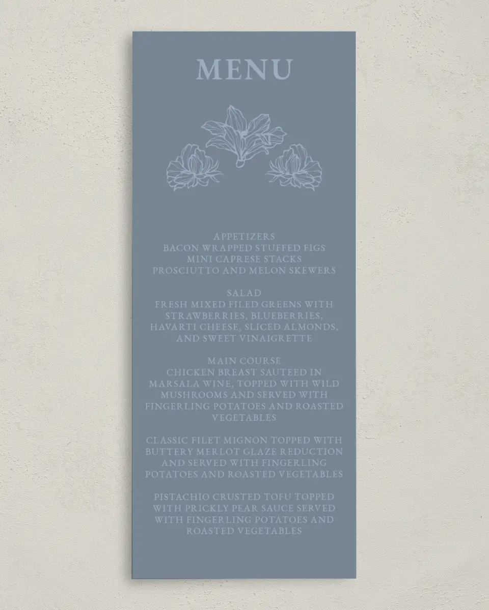 This is a 3⅝" x 8⅞" Wedding Menu Card called Pressed Petals printed in full color with Gold foil on Premium Smooth paper