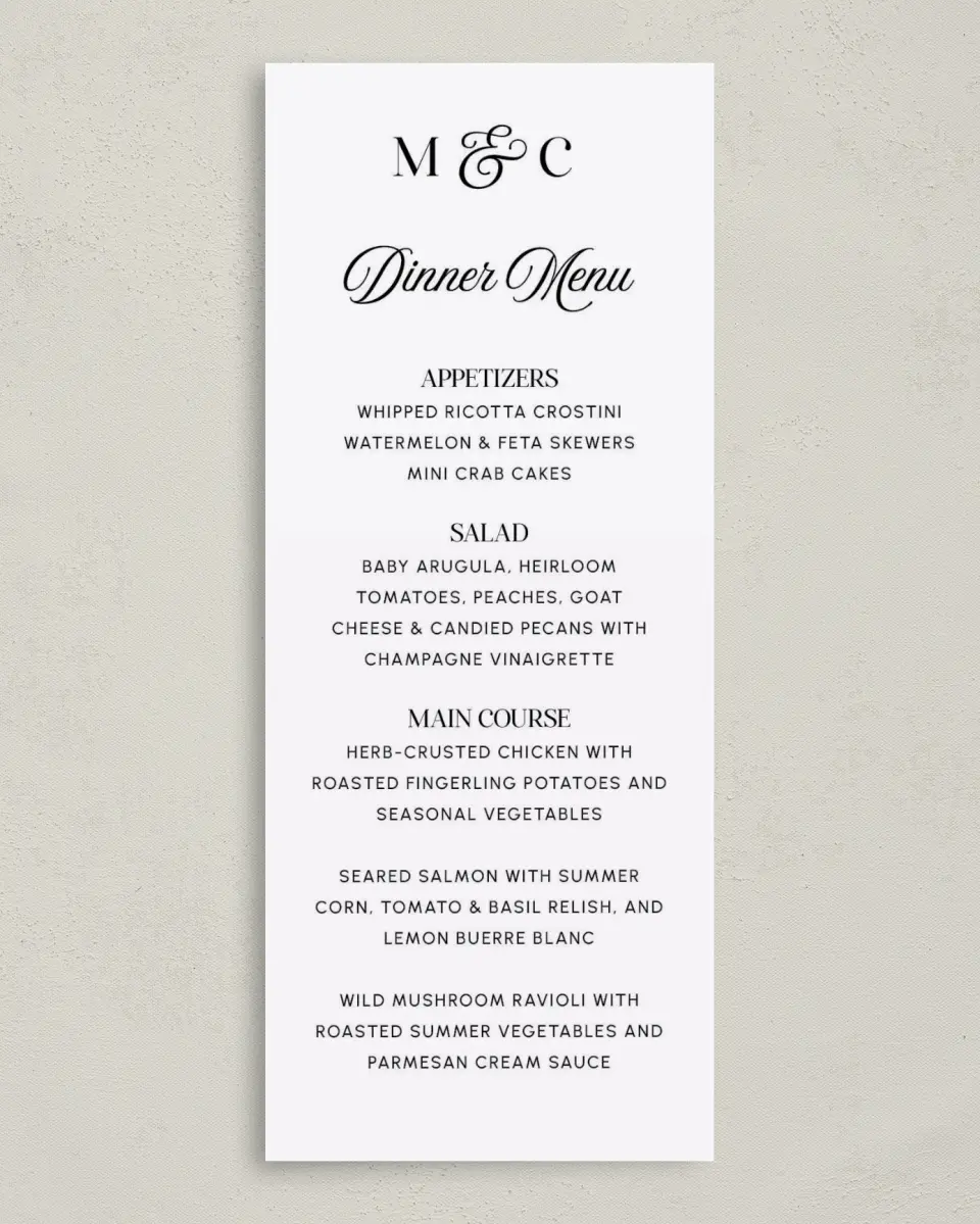 This is a 3⅝" x 8⅞" Wedding Menu Card called The Mallory printed in full color on Premium Smooth paper