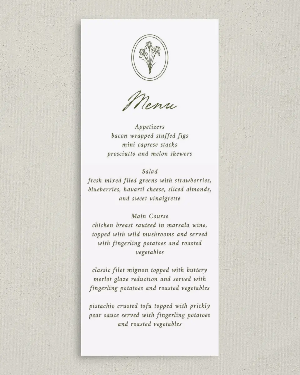 This is a 3⅝" x 8⅞" Wedding Menu Card called The Georgia printed in full color on Premium Smooth paper