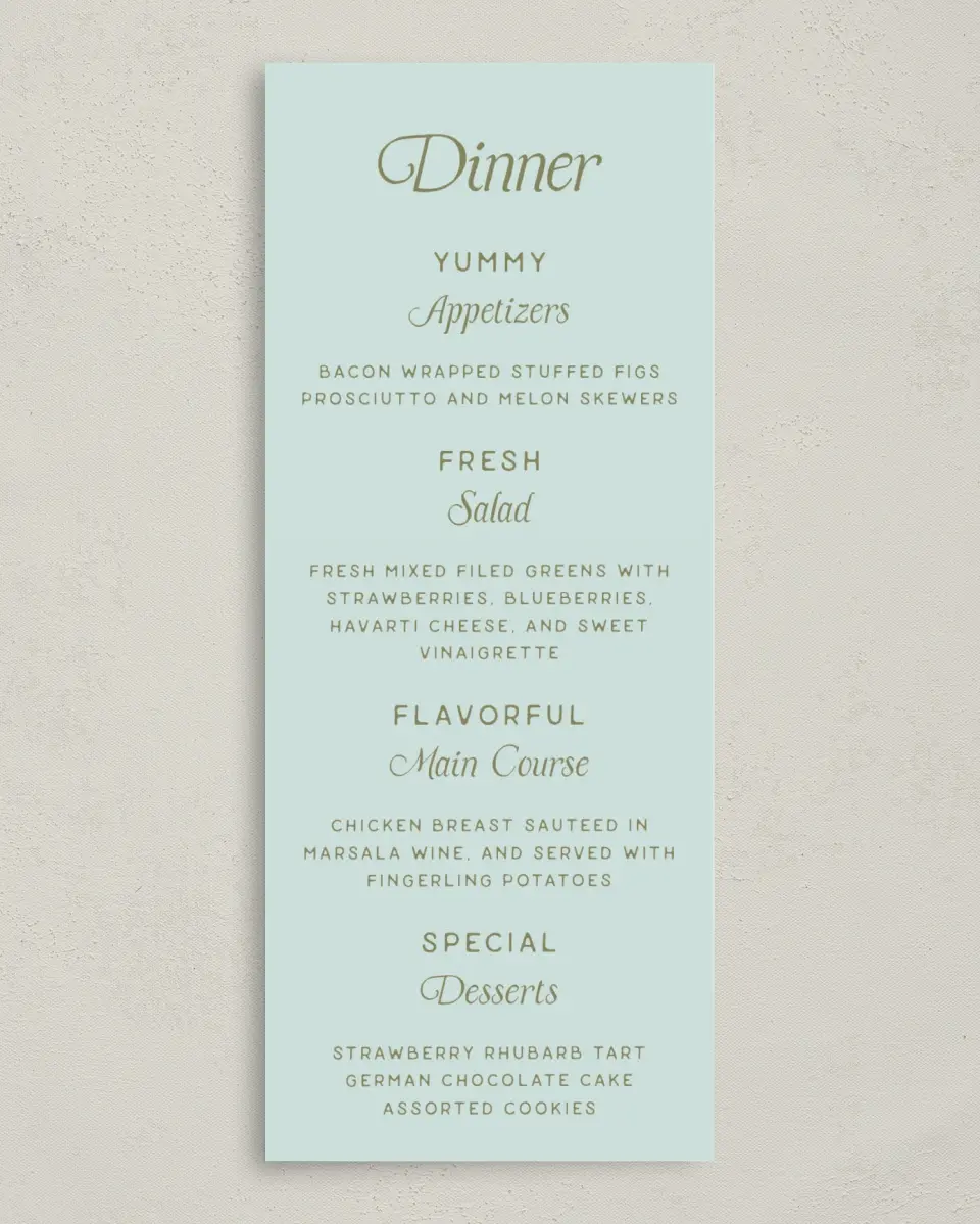 This is a 3⅝" x 8⅞" Wedding Menu Card called The Rosemary printed in full color on Premium Smooth paper