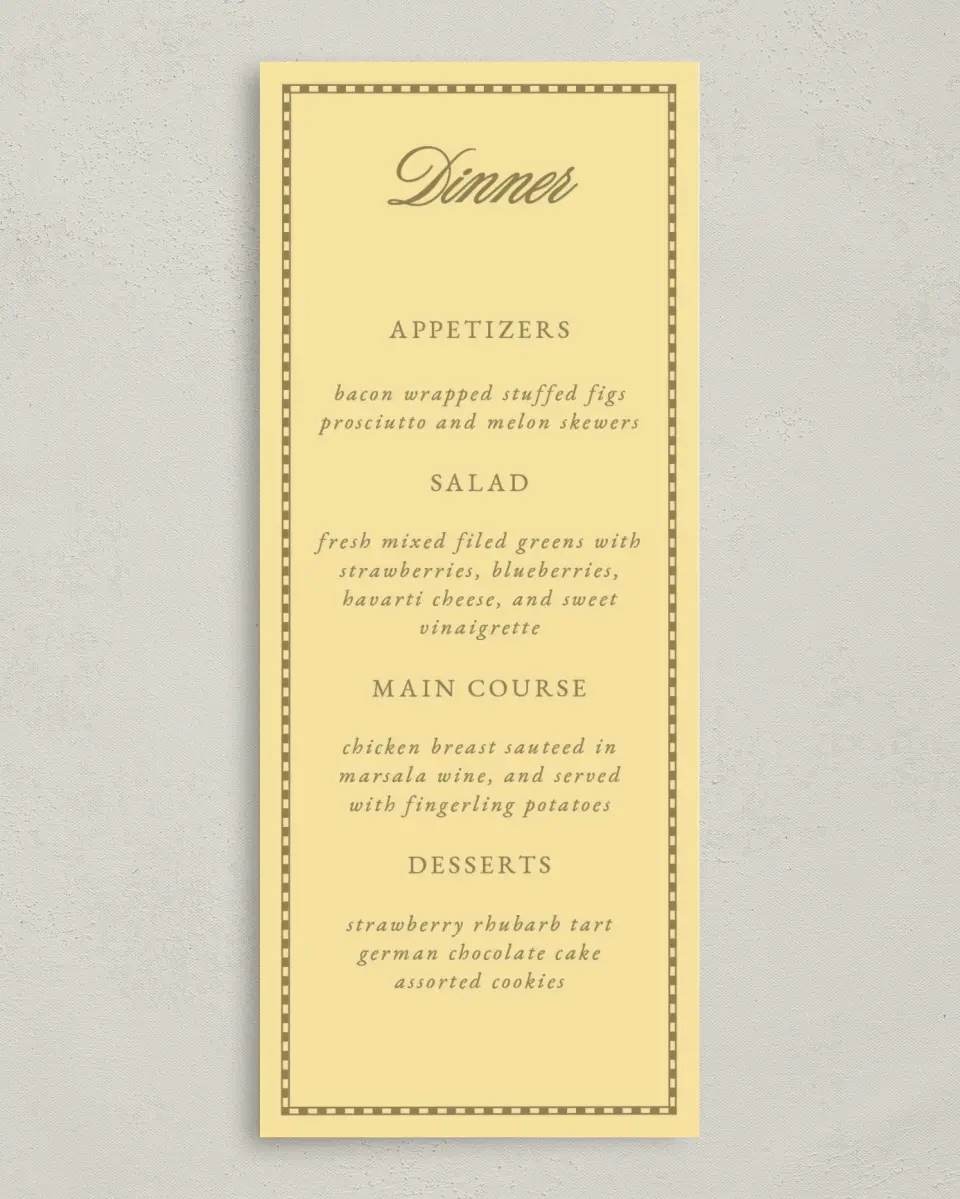 This is a 3⅝" x 8⅞" Wedding Menu Card called The Jillian printed in full color on Premium Smooth paper