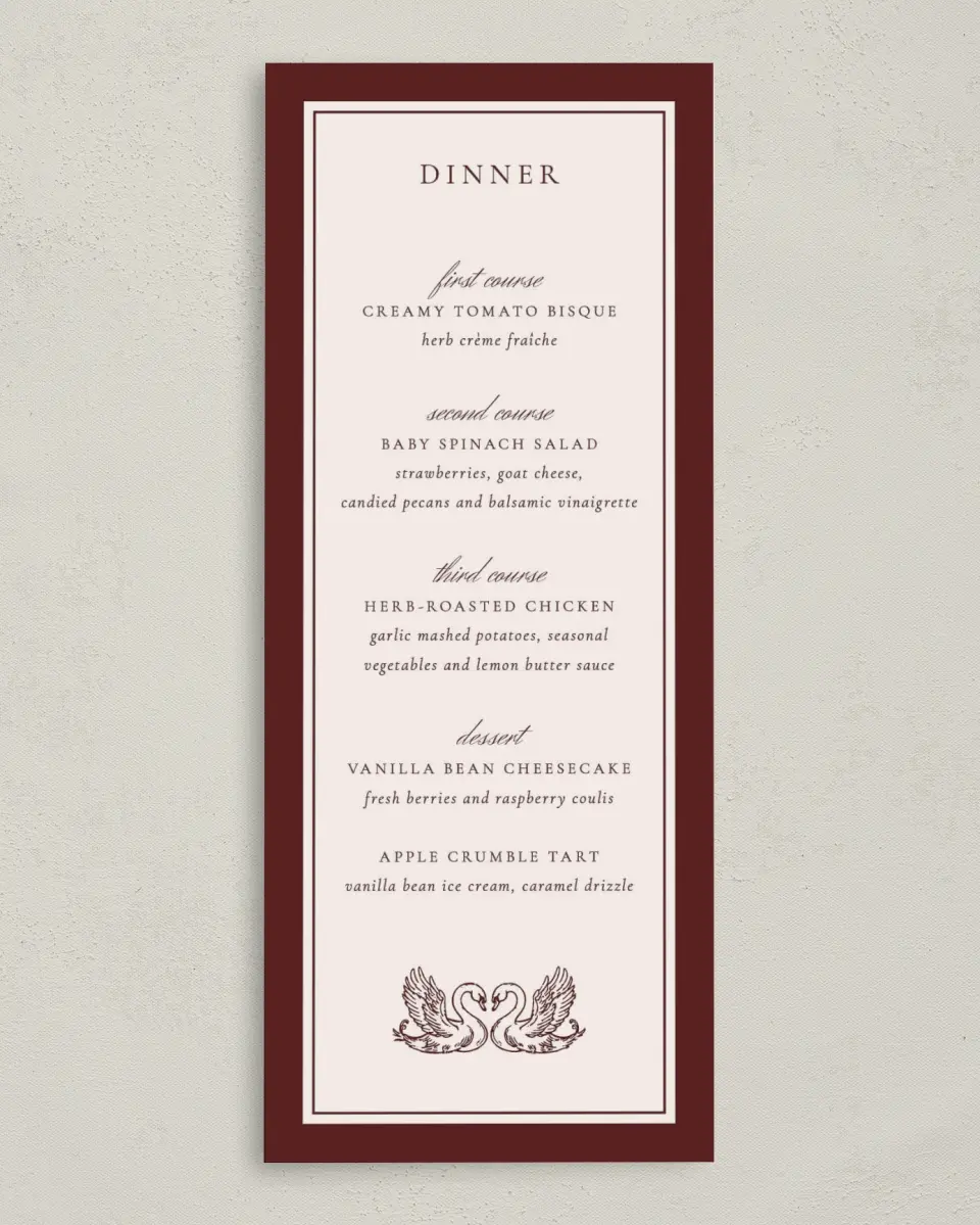 This is a 3⅝" x 8⅞" Wedding Menu Card called Swan Song printed in full color on Premium Smooth paper