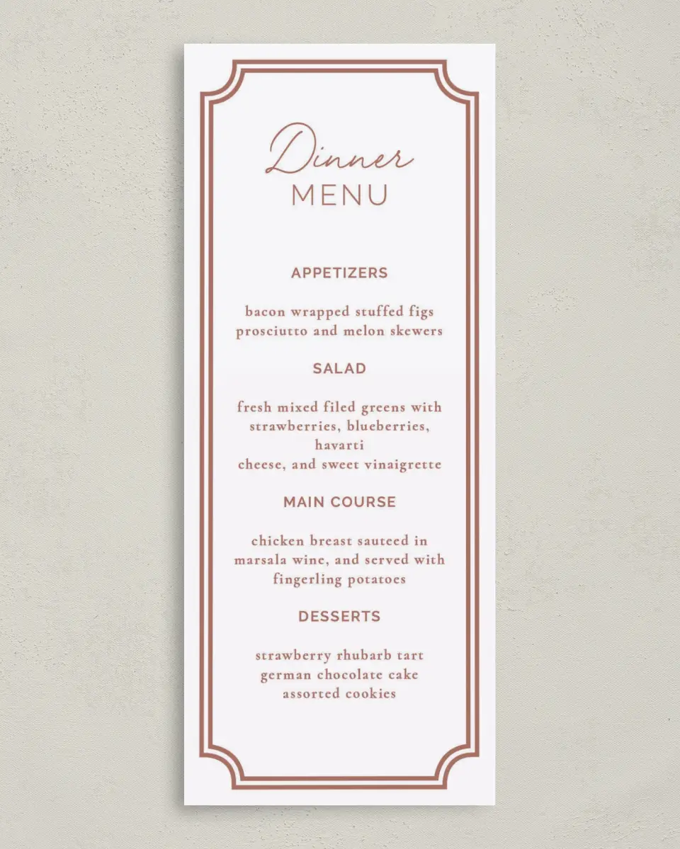 This is a 3⅝" x 8⅞" Wedding Menu Card called The Chelsea printed in full color on Premium Smooth paper