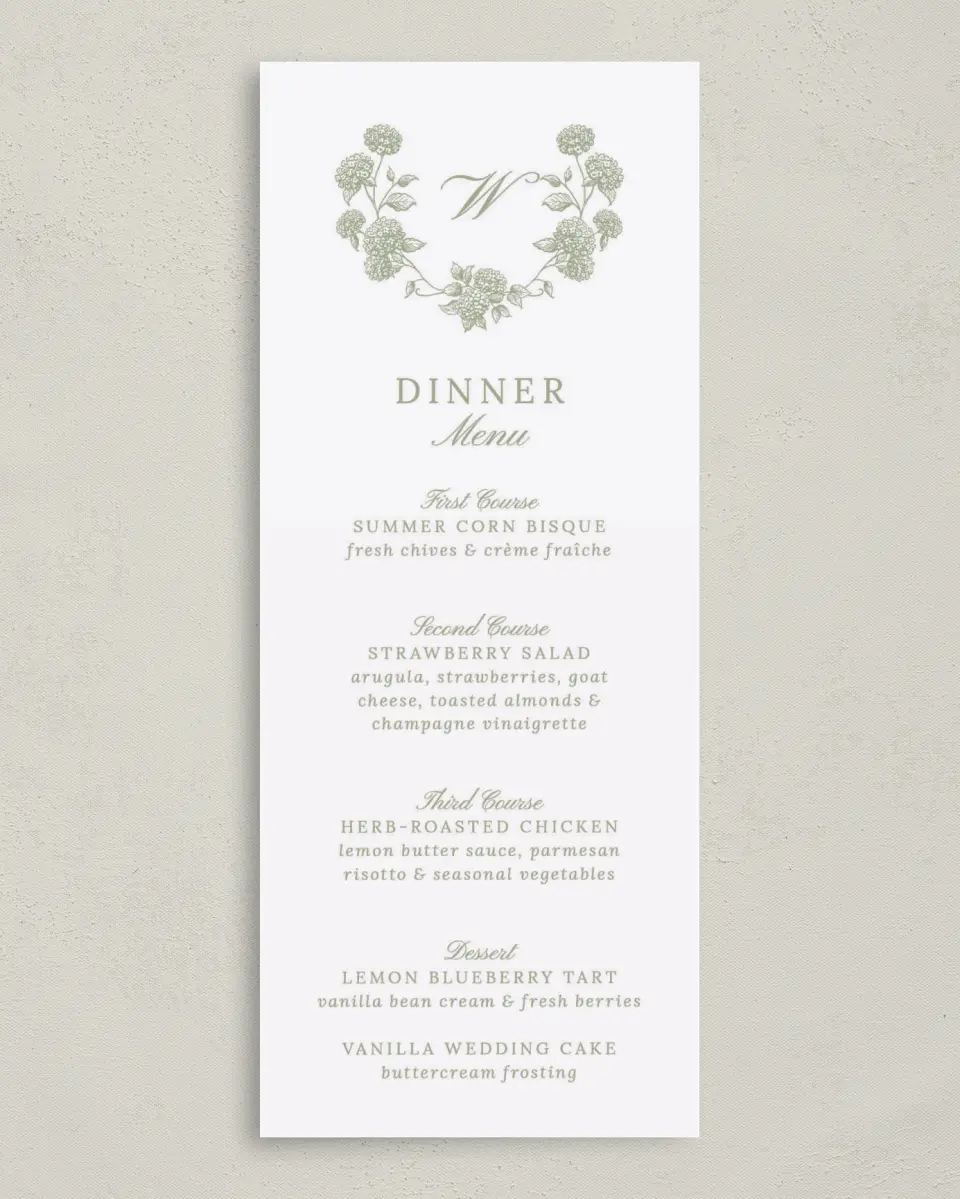 This is a 3⅝" x 8⅞" Wedding Menu Card called Harmonious Hydrangea printed in full color on Premium Smooth paper