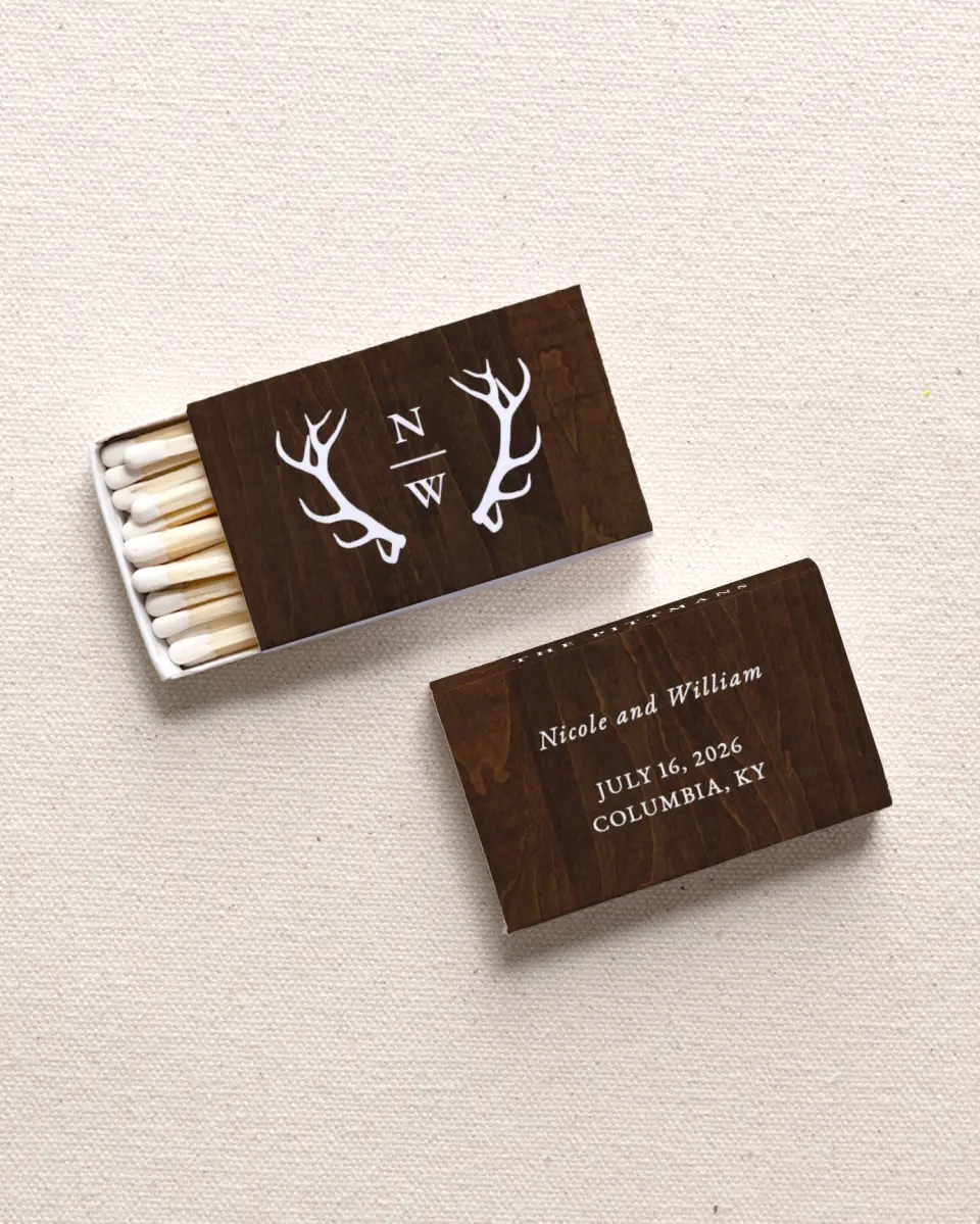 This is a 2.25" x 1.409" x .4" Wedding Matche called Rustic Antler printed in full color