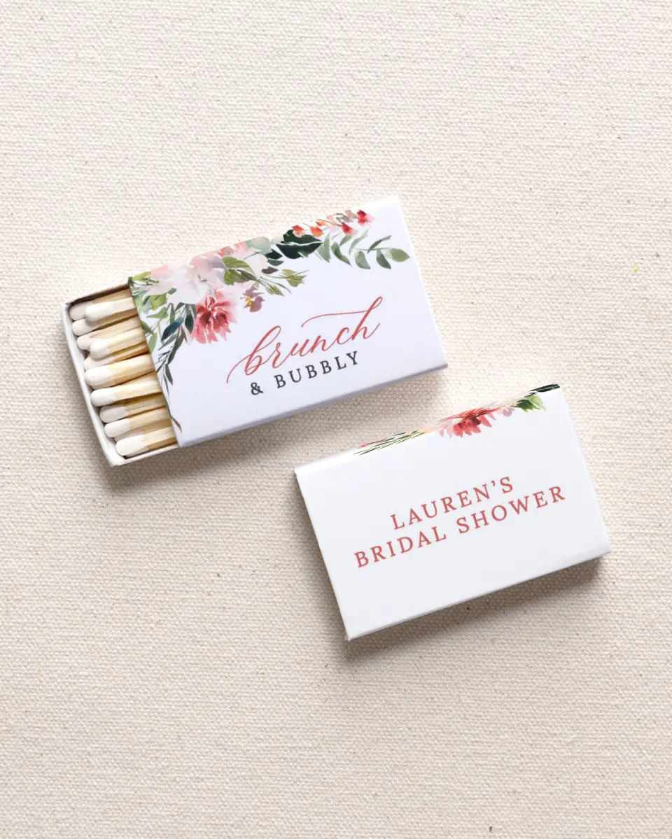 This is a 2.25" x 1.409" x .4" Wedding Matche called Blooming Brunch printed in full color with Gold foil