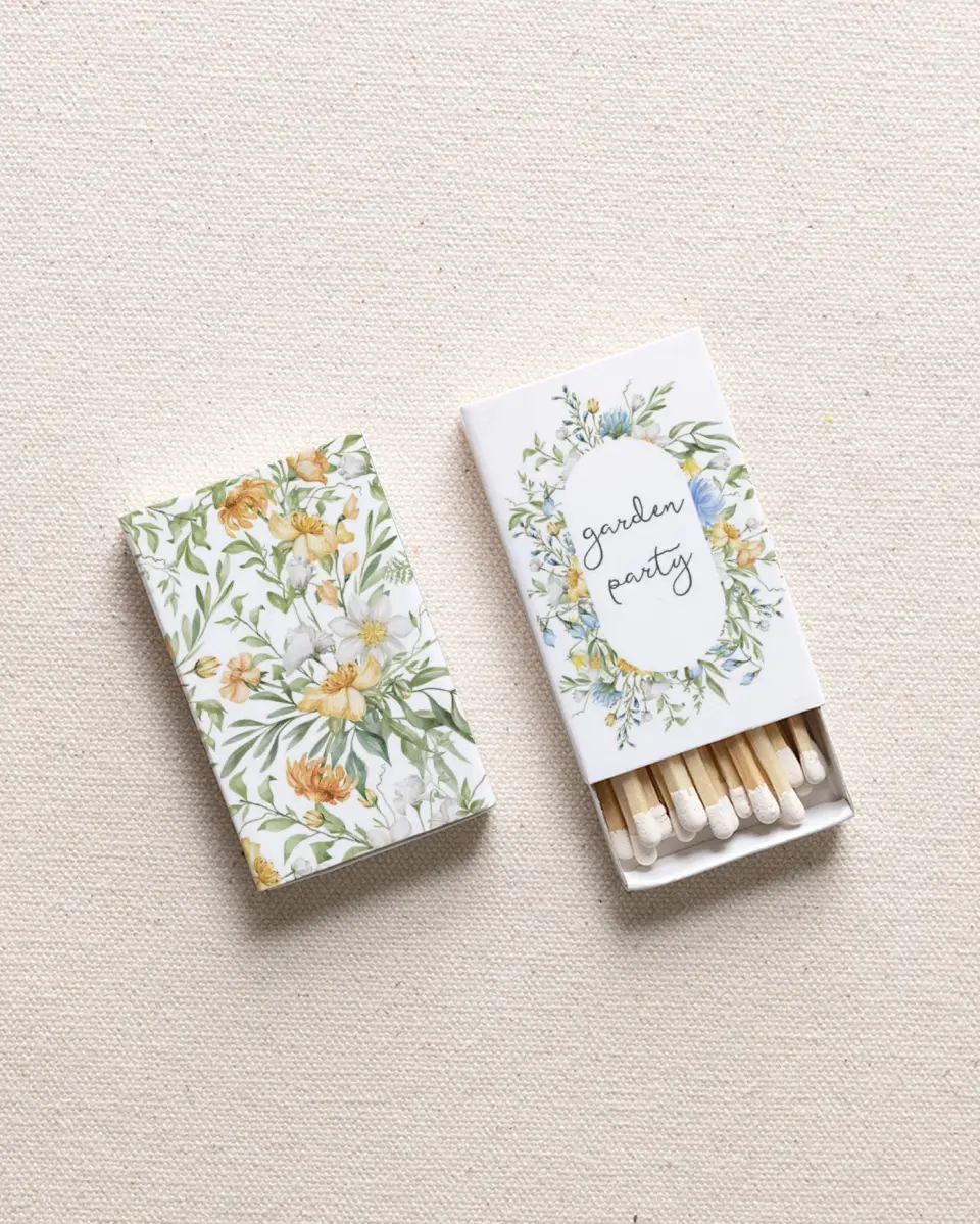 This is a 2.25" x 1.409" x .4" Wedding Matche called Garden Party printed in full color with Silver foil