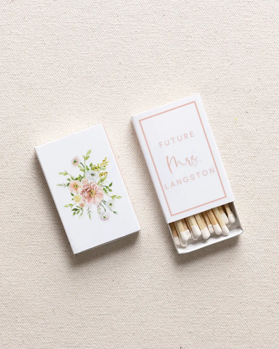 This is a 2.25" x 1.409" x .4" Wedding Matche called Pink Blossoms printed in full color with Gold foil