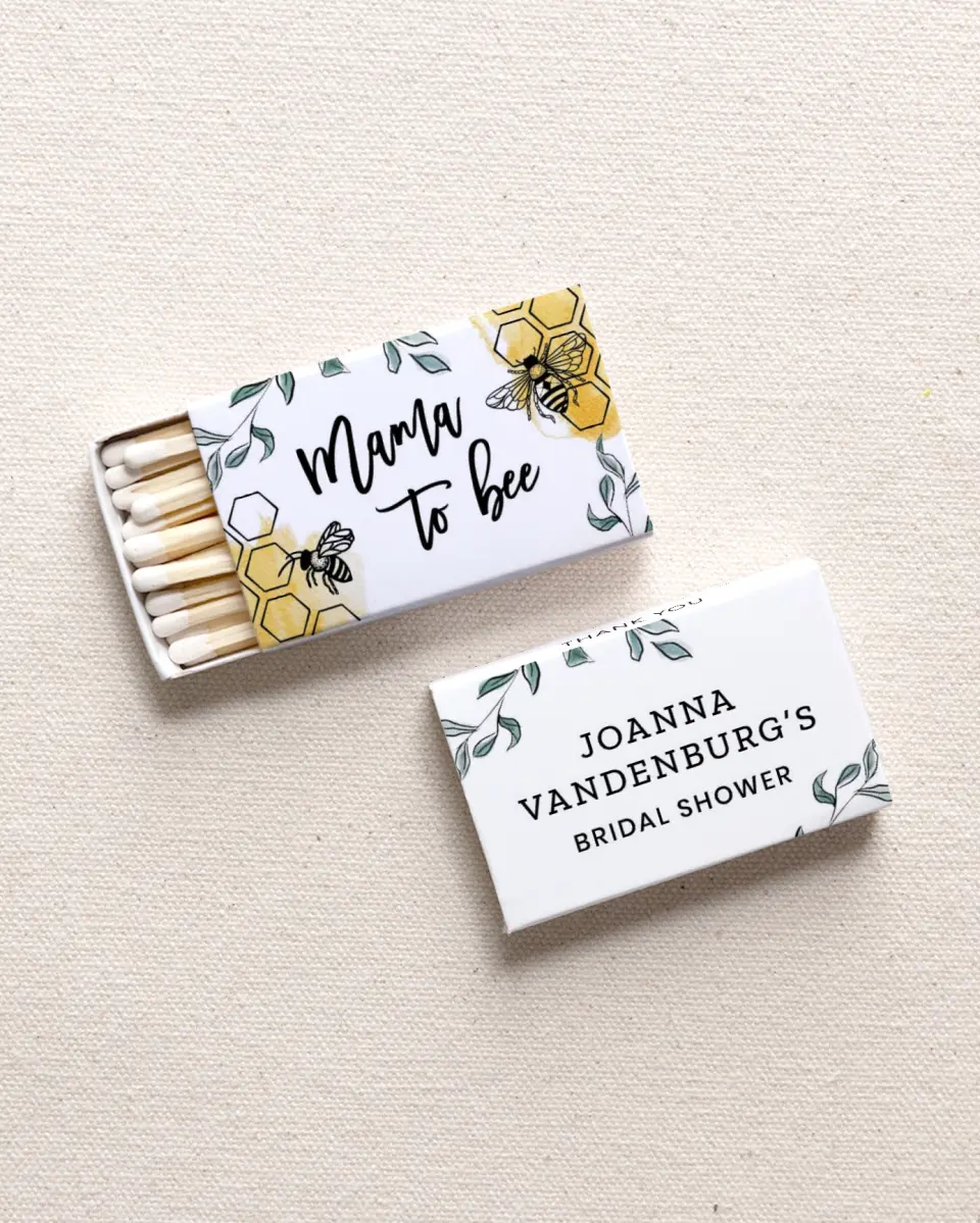 This is a 2.25" x 1.409" x .4" Wedding Matche called Mama to Bee printed in full color with Gold foil