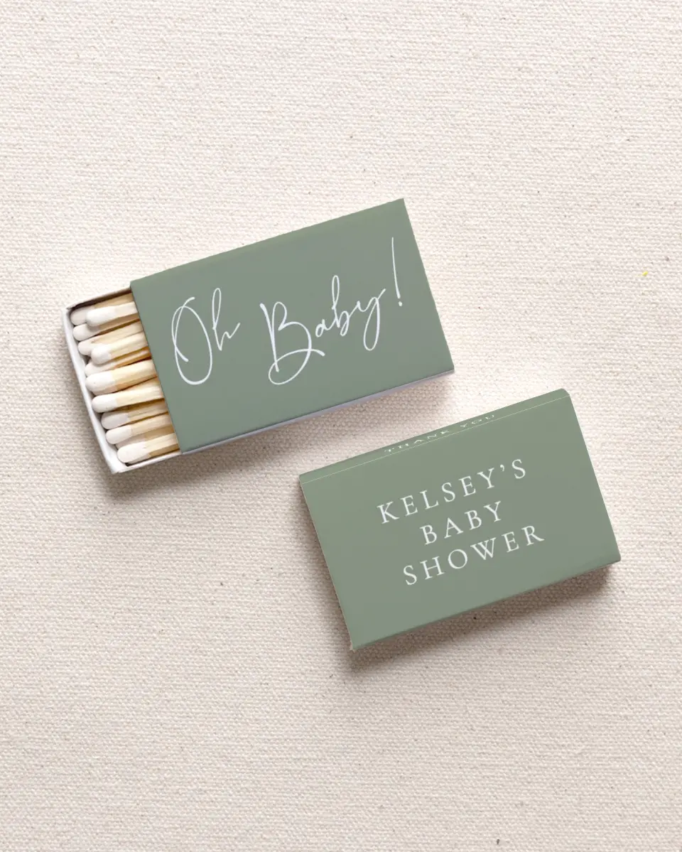 This is a 2.25" x 1.409" x .4" Wedding Matche called Oh Baby printed in full color with Gold foil