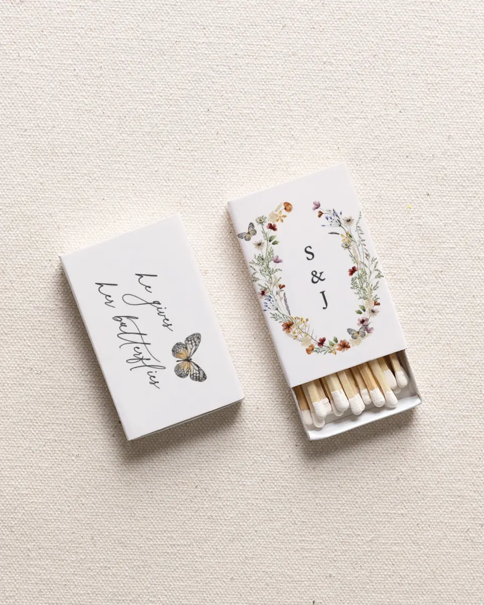 This is a 2.25" x 1.409" x .4" Wedding Matche called Gives Her Butterflies printed in full color with Gold foil