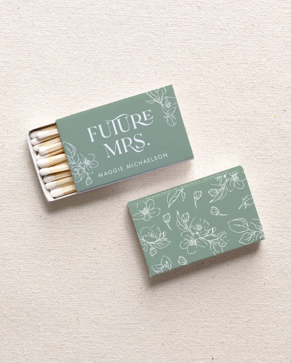 This is a 2.25" x 1.409" x .4" Wedding Matche called Joyful Blooms printed in full color with Gold foil