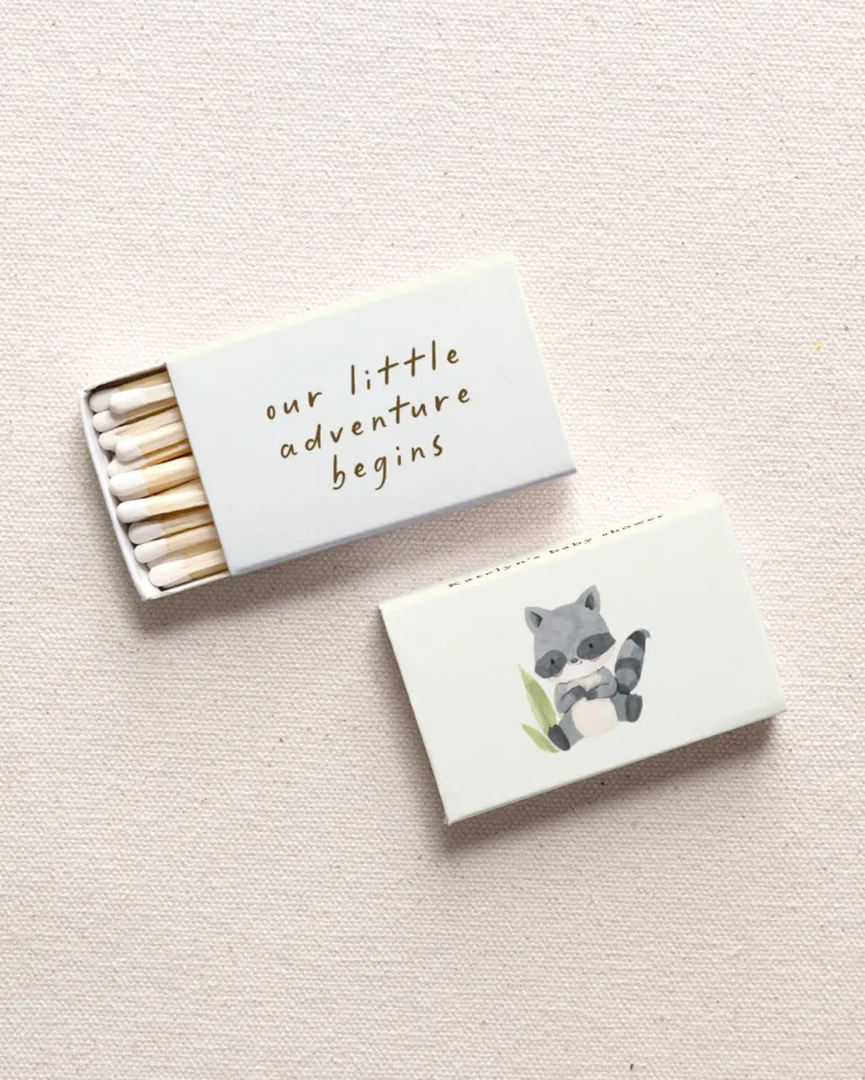 This is a 2.25" x 1.409" x .4" Wedding Matche called Forest Friends printed in full color with Gold foil