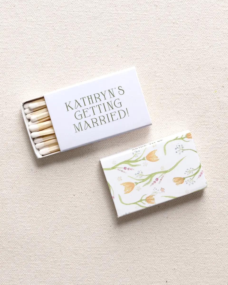 This is a 2.25" x 1.409" x .4" Wedding Matche called Garden Party printed in full color with Gold foil