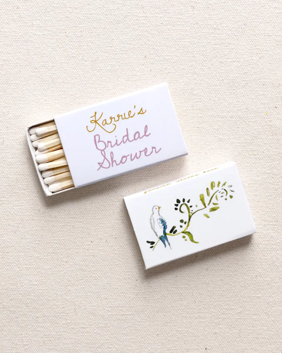 This is a 2.25" x 1.409" x .4" Wedding Matche called Fairy Garden printed in full color with Gold foil