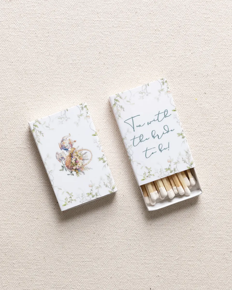 This is a 2.25" x 1.409" x .4" Wedding Matche called Tea Party for You printed in full color with Gold foil