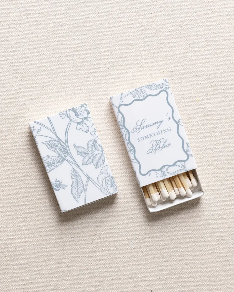 This is a 2.25" x 1.409" x .4" Wedding Matche called Something Blue printed in full color with Gold foil