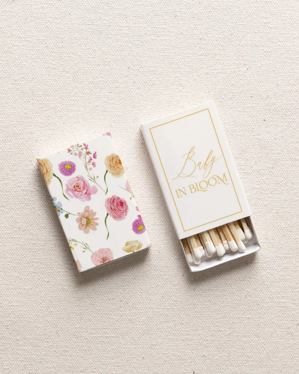 This is a 2.25" x 1.409" x .4" Wedding Matche called Colorful Blooms printed in full color with Gold foil