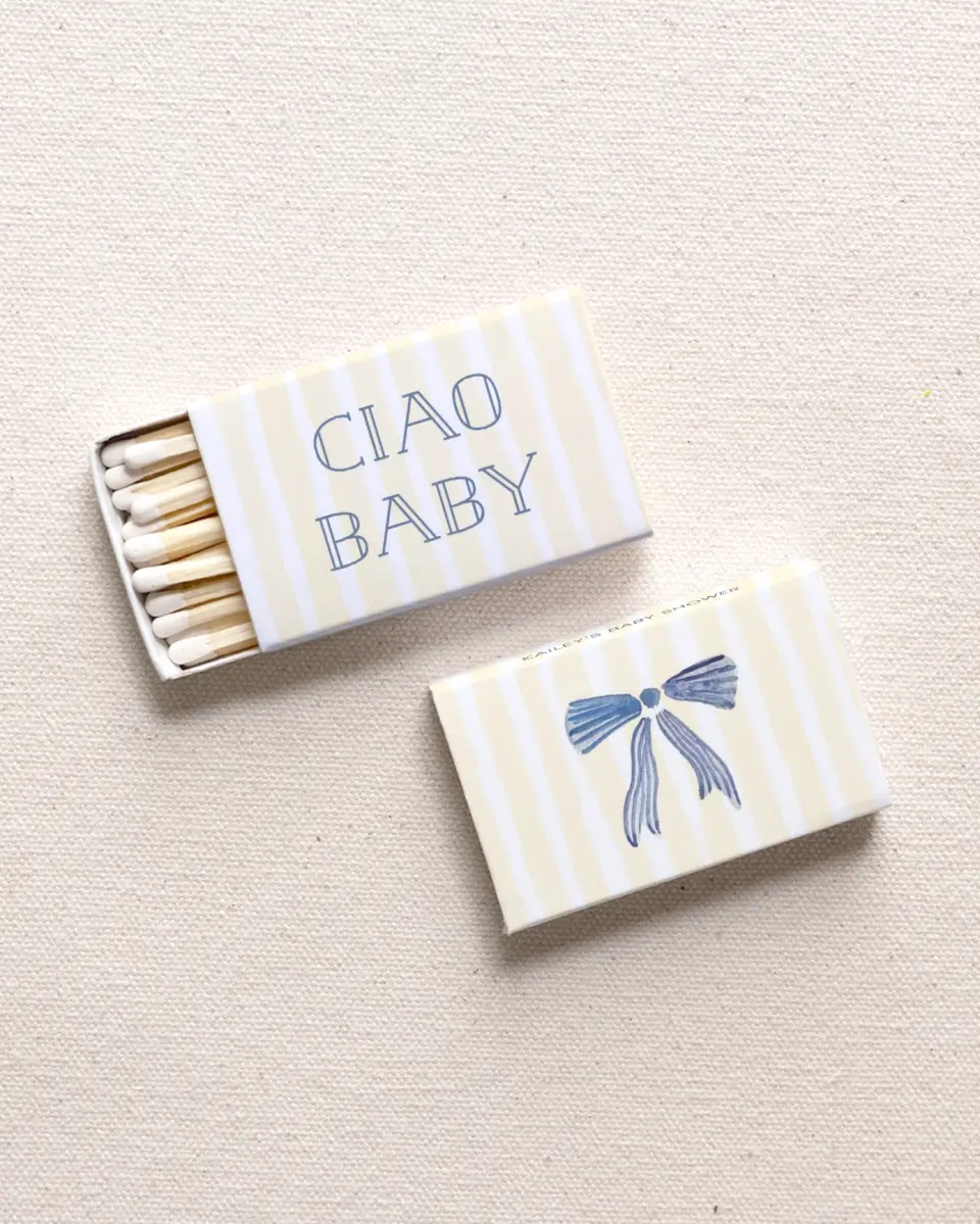 This is a 2.25" x 1.409" x .4" Wedding Matche called Ciao Baby printed in full color with Gold foil