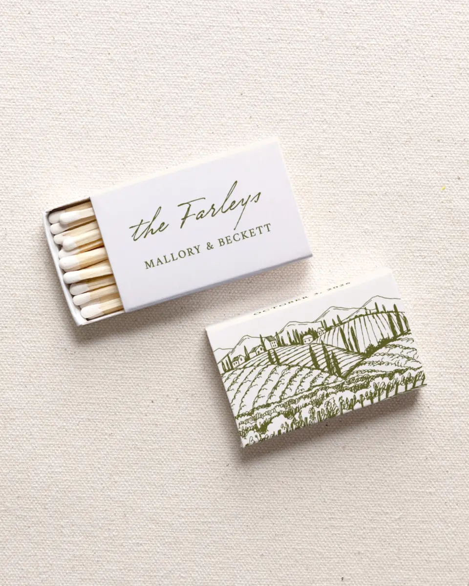 This is a 2.25" x 1.409" x .4" Wedding Matche called Ivyhill printed in full color with Rose Gold foil