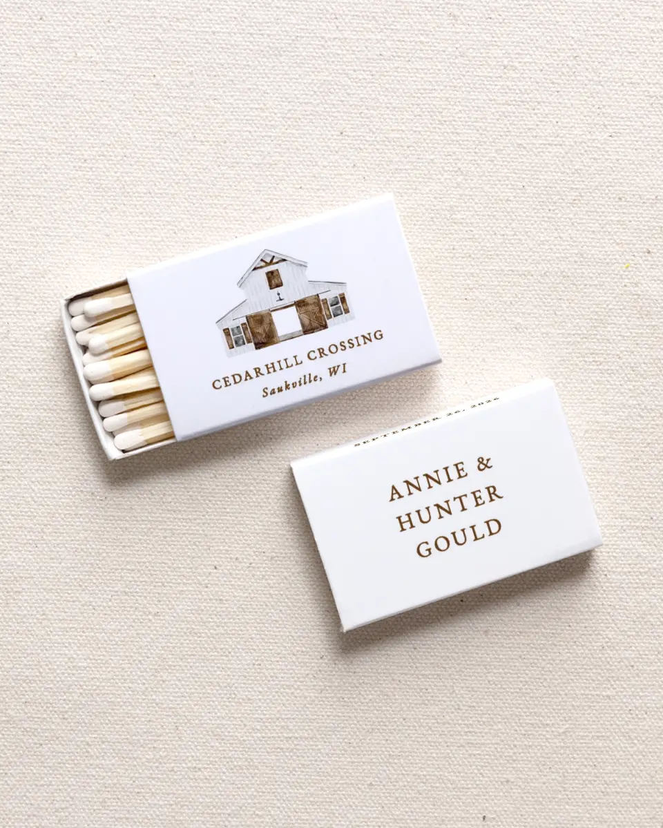 This is a 2.25" x 1.409" x .4" Wedding Matche called Cedarhill printed in full color with Rose Gold foil