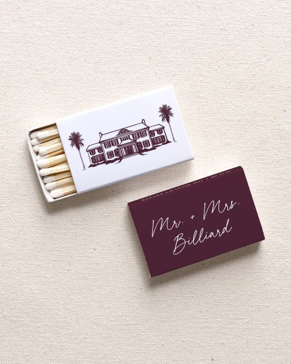 This is a 2.25" x 1.409" x .4" Wedding Matche called The Wilclift printed in full color with Rose Gold foil