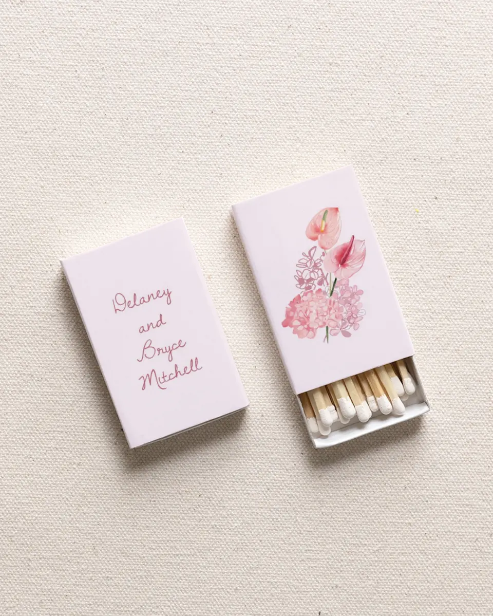 This is a 2.25" x 1.409" x .4" Wedding Matche called Blushing Whimsy printed in full color