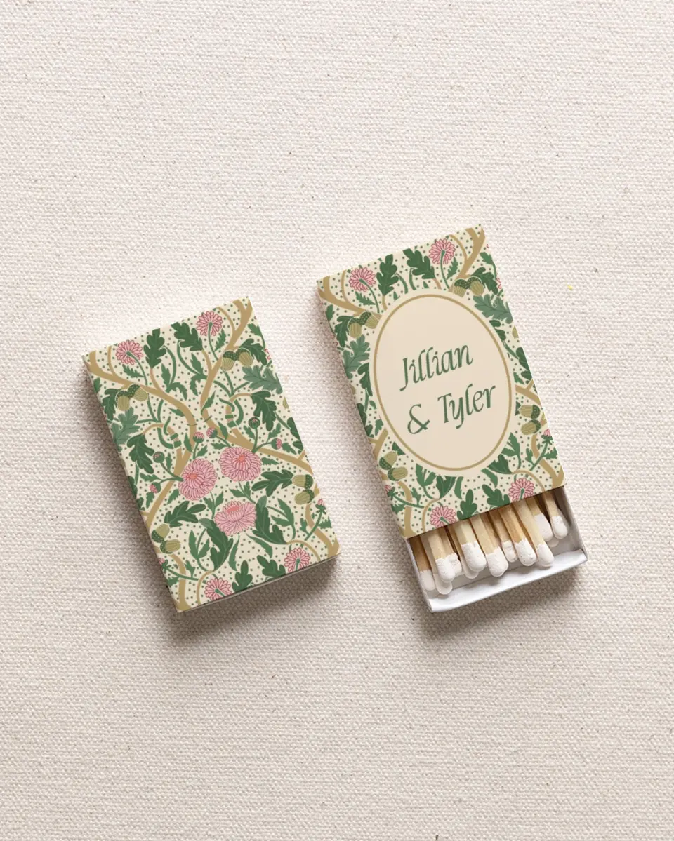 This is a 2.25" x 1.409" x .4" Wedding Matche called Regal Garden printed in full color