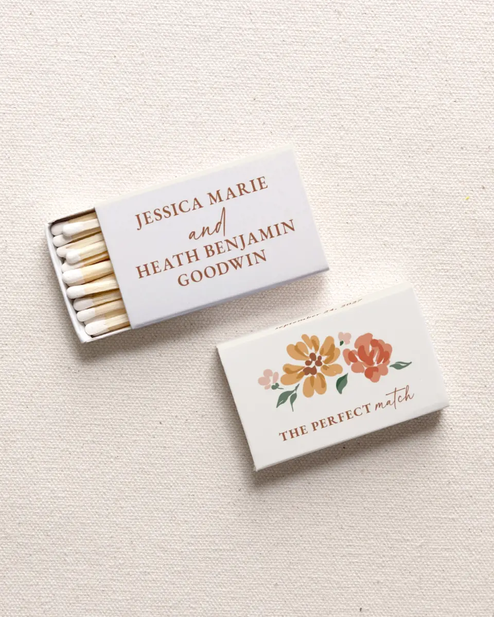 This is a 2.25" x 1.409" x .4" Wedding Matche called Plush Petals printed in full color