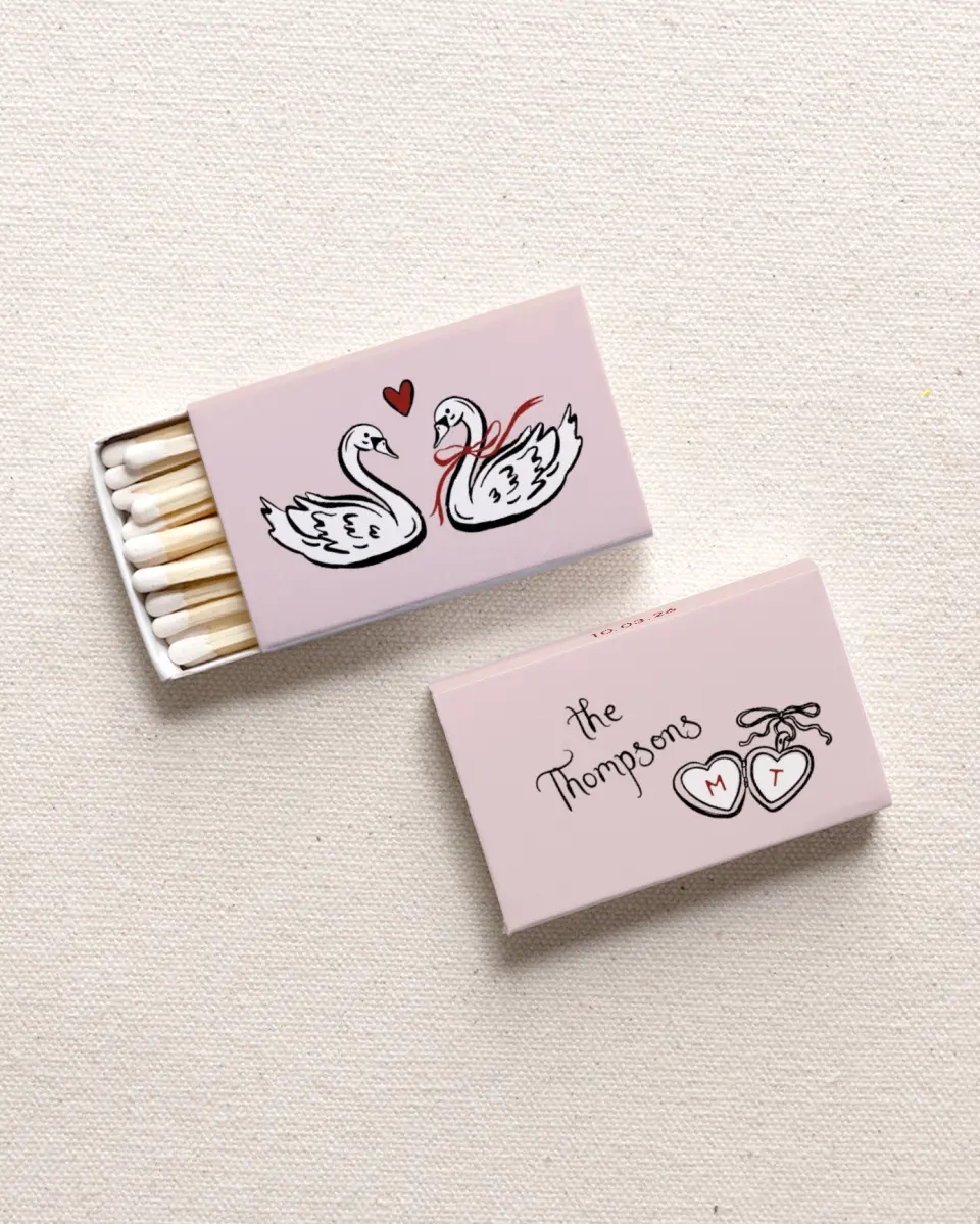 This is a 2.25" x 1.409" x .4" Wedding Matche called Sweet Swans printed in full color