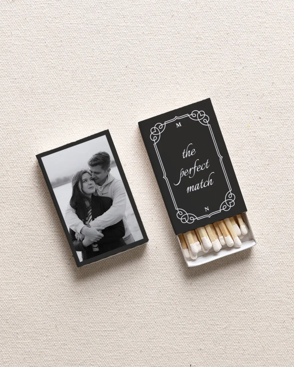 This is a 2.25" x 1.409" x .4" Wedding Matche called A Perfect Pair printed in full color with Gold foil