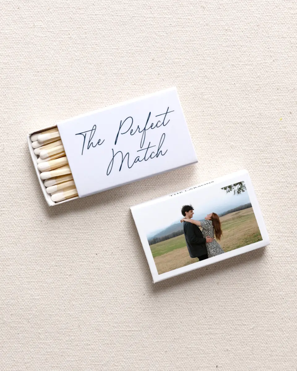 This is a 2.25" x 1.409" x .4" Wedding Matche called Strike Up Romance printed in full color with Gold foil