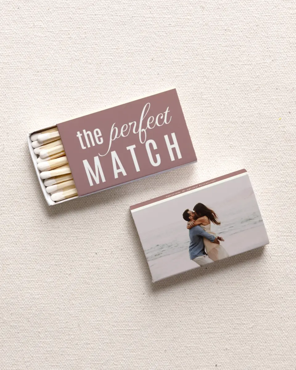 This is a 2.25" x 1.409" x .4" Wedding Matche called Scripted Match printed in full color with Gold foil