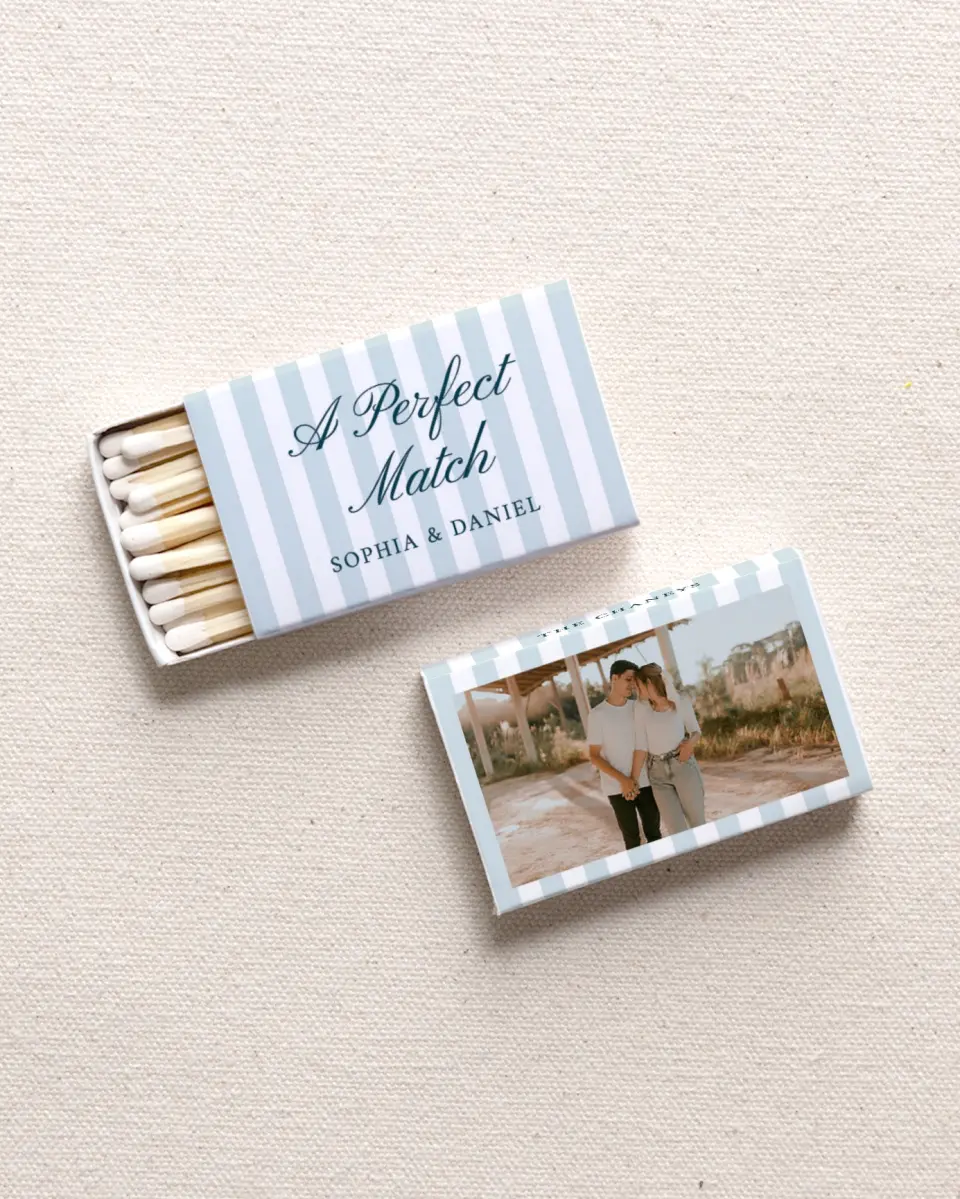 This is a 2.25" x 1.409" x .4" Wedding Matche called Striped Match printed in full color with Gold foil