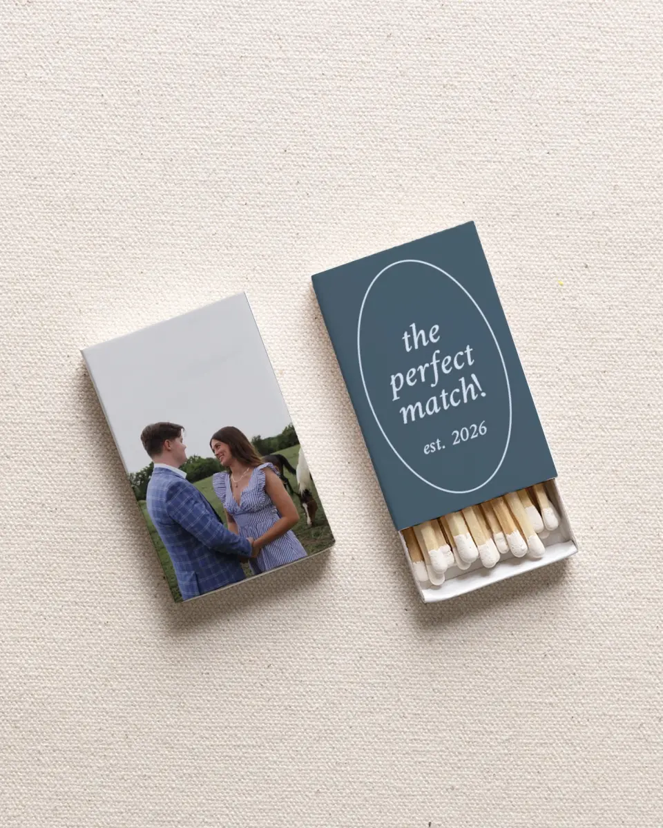 This is a 2.25" x 1.409" x .4" Wedding Matche called A Match to Remember printed in full color with Gold foil